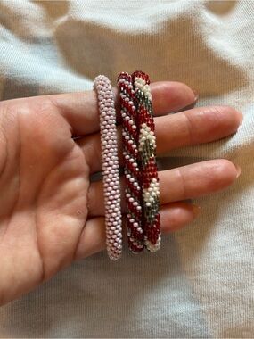 Set of 3 Nepalese Style Roll-On Red, White, & Gray Seed Bead Bracelets